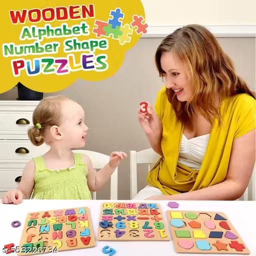 Wooden Alphabet Puzzles Numbers Count Board Blocks 3 Sets Game