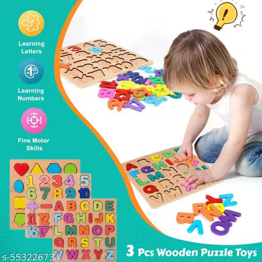 Wooden Alphabet Puzzles Numbers Count Board Blocks 3 Sets Game